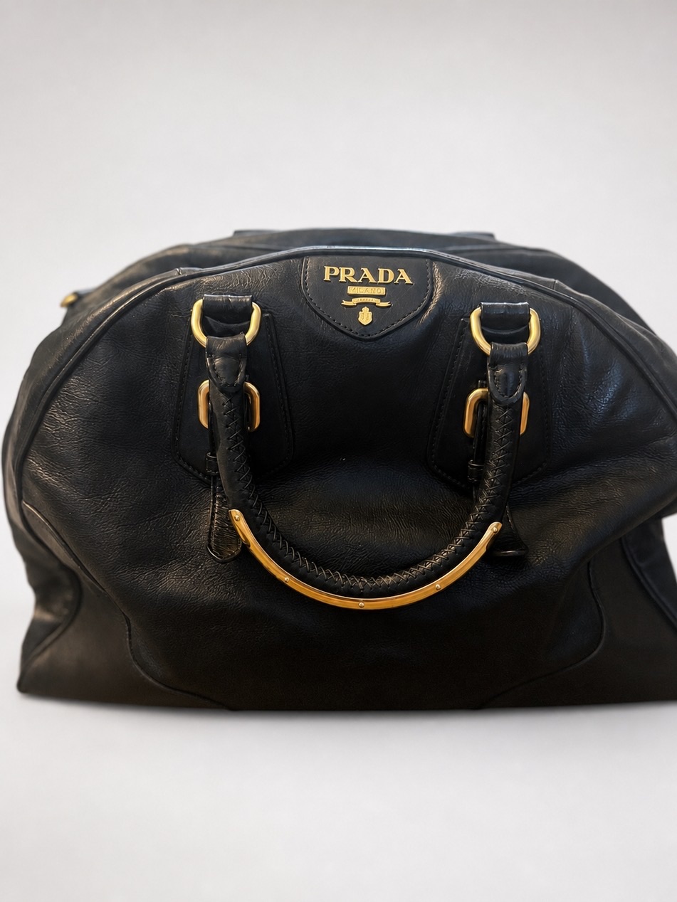 Prada Black Leather Satchel With Gold-Tone Accents